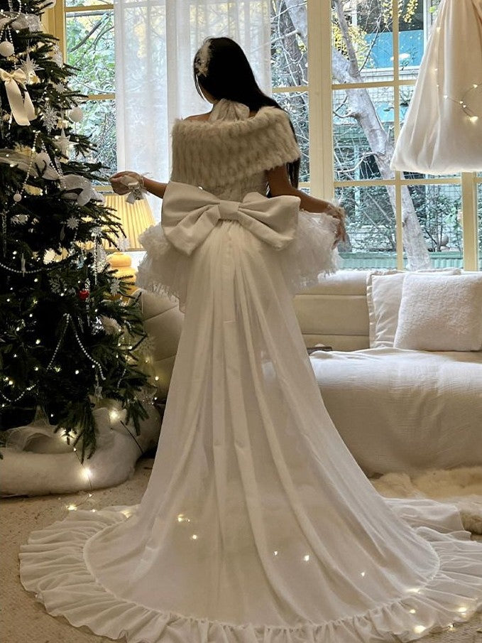 Diamond Sweetheart White Bow Train Floral Bridal Women's Polyester Jsk / Jumper Skirts