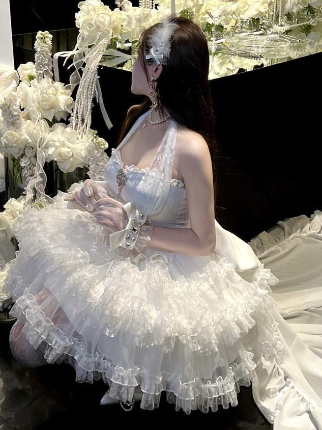 Diamond Sweetheart White Bow Train Floral Bridal Women's Polyester Jsk / Jumper Skirts