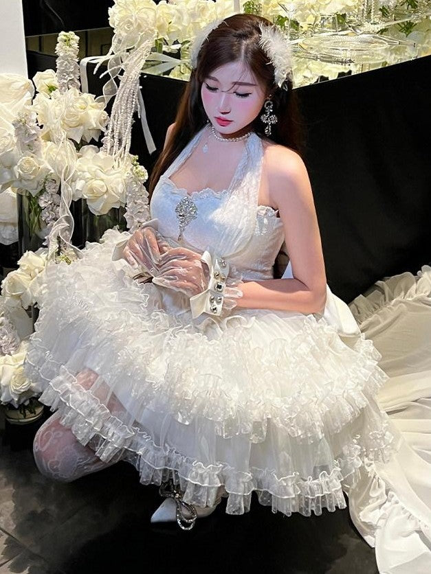 Diamond Sweetheart White Bow Train Floral Bridal Women's Polyester Jsk / Jumper Skirts