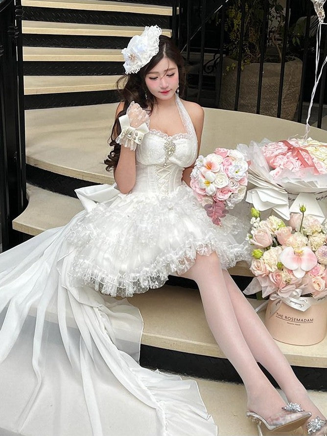 Diamond Sweetheart White Bow Train Floral Bridal Women's Polyester Jsk / Jumper Skirts