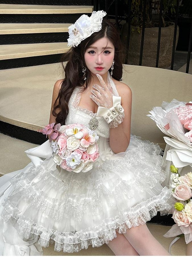 Diamond Sweetheart White Bow Train Floral Bridal Women's Polyester Jsk / Jumper Skirts