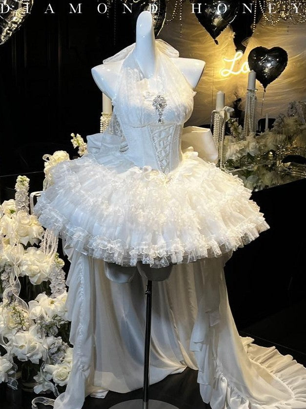 Diamond Sweetheart White Bow Train Floral Bridal Women's Polyester Jsk / Jumper Skirts