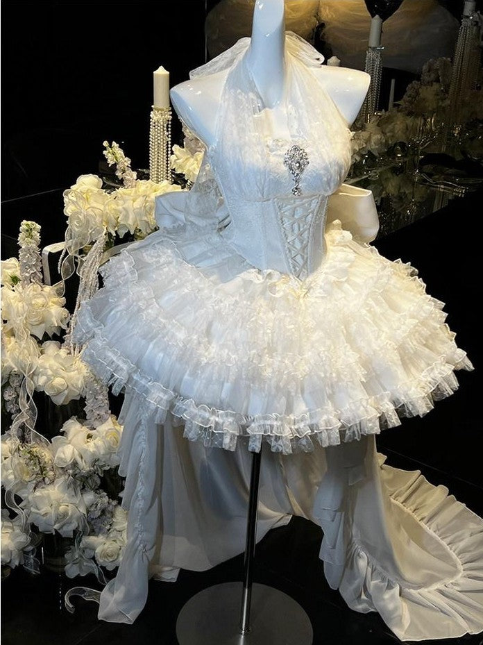 Diamond Sweetheart White Bow Train Floral Bridal Women's Polyester Jsk / Jumper Skirts