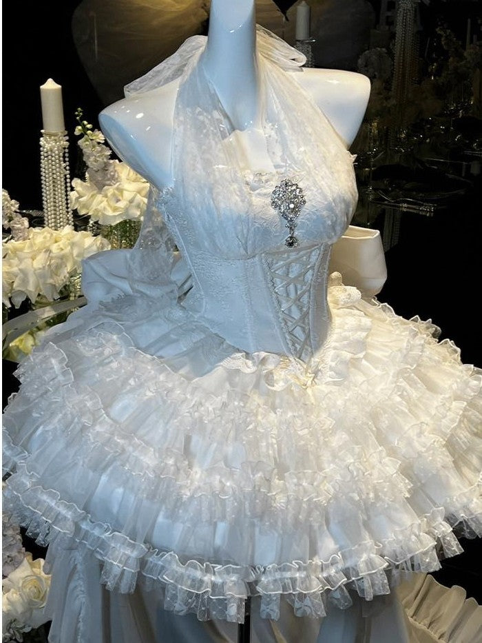 Diamond Sweetheart White Bow Train Floral Bridal Women's Polyester Jsk / Jumper Skirts
