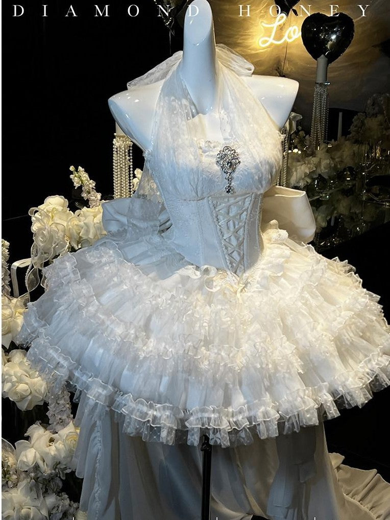 Diamond Sweetheart White Bow Train Floral Bridal Women's Polyester Jsk / Jumper Skirts