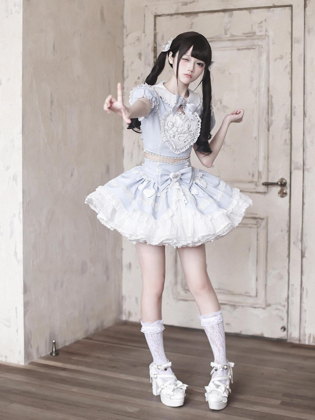 Ekomi Aqua Kawaii Japanese Idol Stage Puff Skirt Crew Neck Women's Skirt Sets