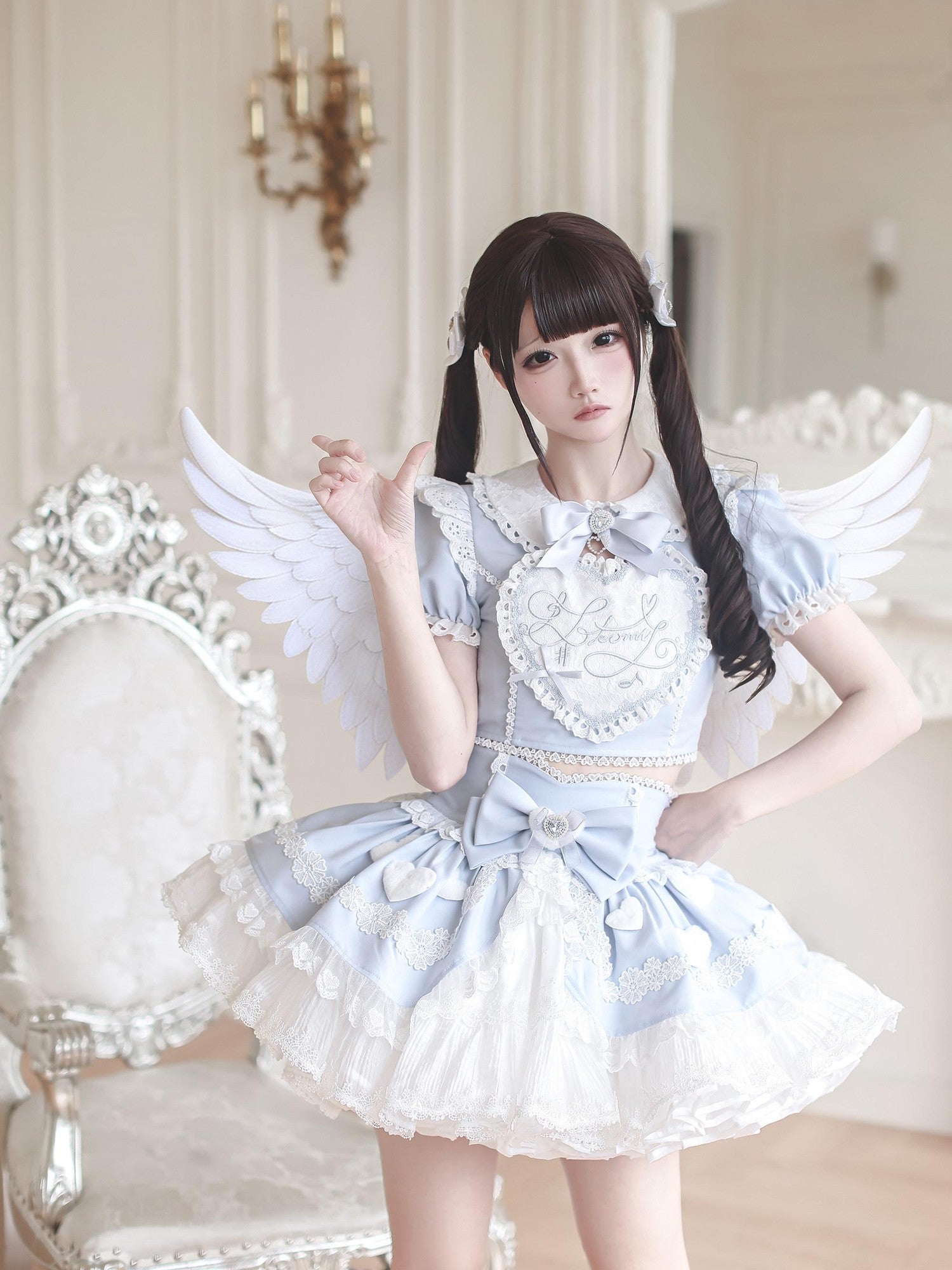 Ekomi Aqua Kawaii Japanese Idol Stage Puff Skirt Crew Neck Women's Skirt Sets