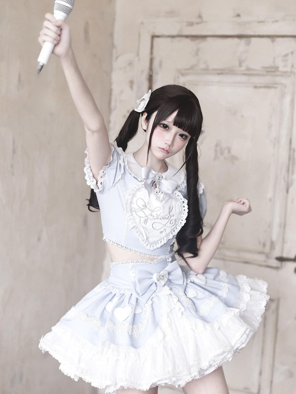 Ekomi Aqua Kawaii Japanese Idol Stage Puff Skirt Crew Neck Women's Skirt Sets
