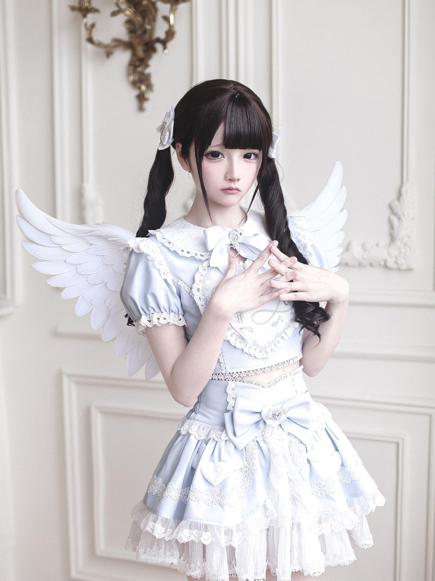 Ekomi Aqua Kawaii Japanese Idol Stage Puff Skirt Crew Neck Women's Skirt Sets