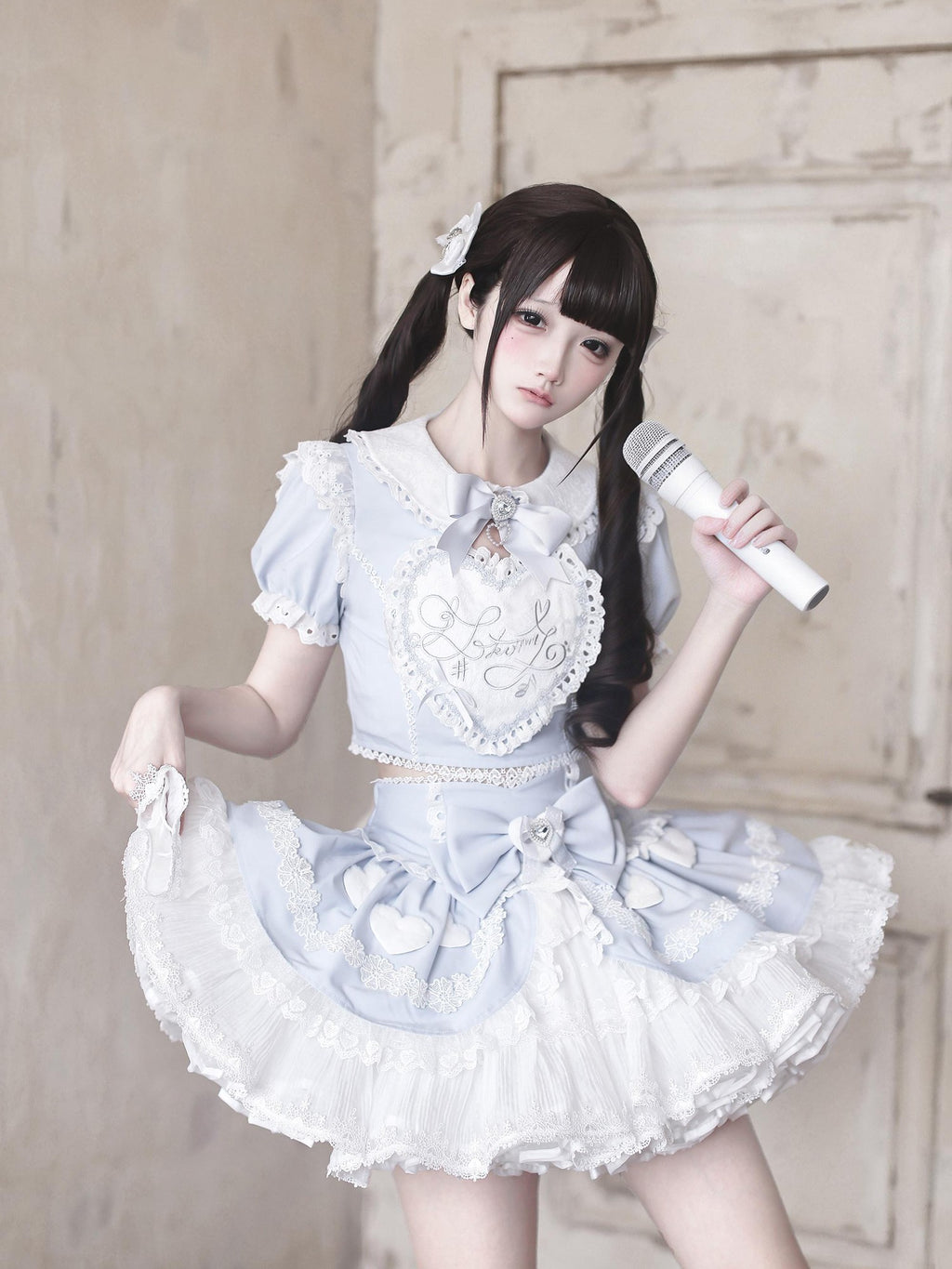 Ekomi Aqua Kawaii Japanese Idol Stage Puff Skirt Crew Neck Women's Skirt Sets