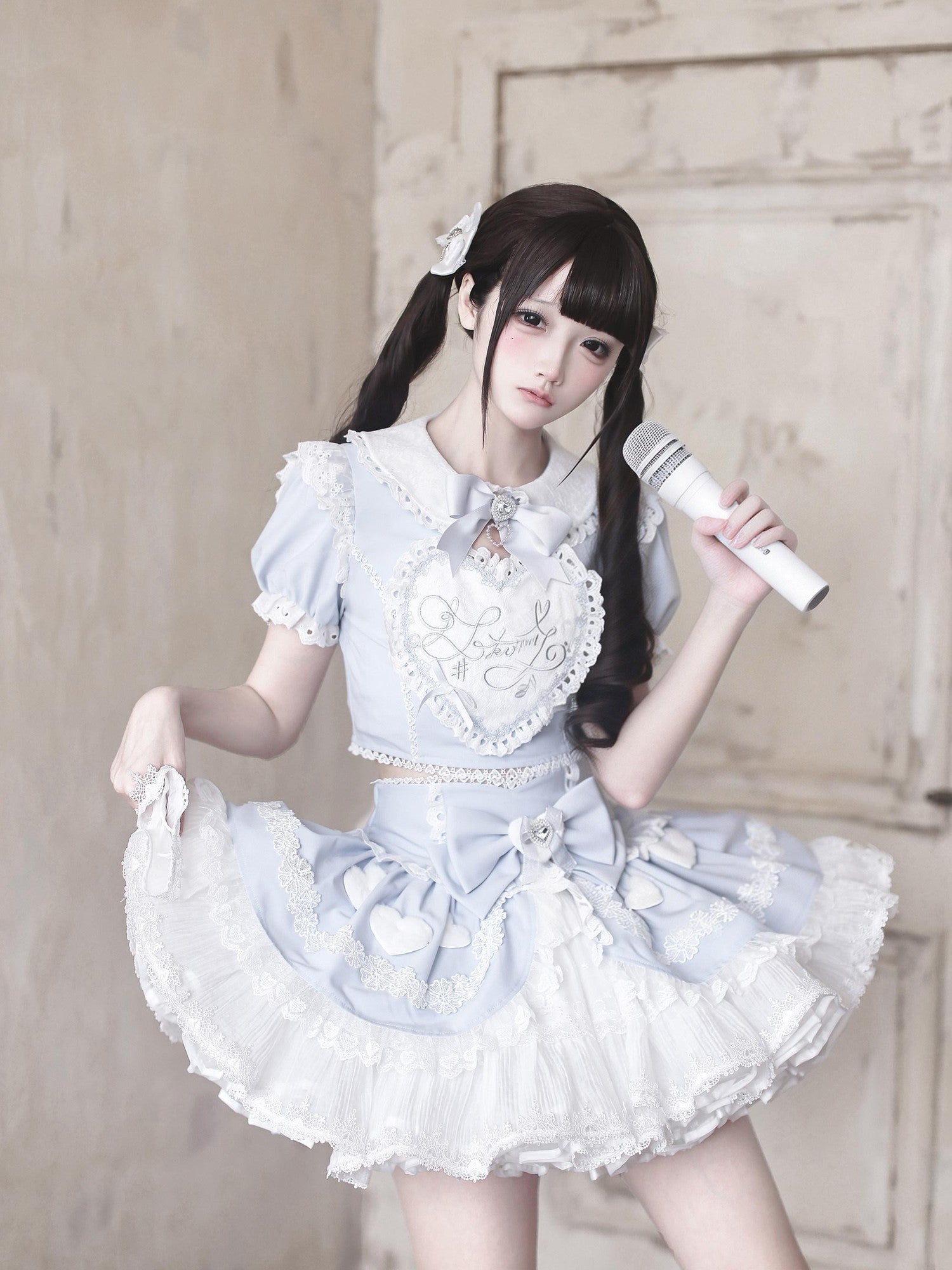 Ekomi Aqua Kawaii Japanese Idol Stage Puff Skirt Crew Neck Women's Skirt Sets