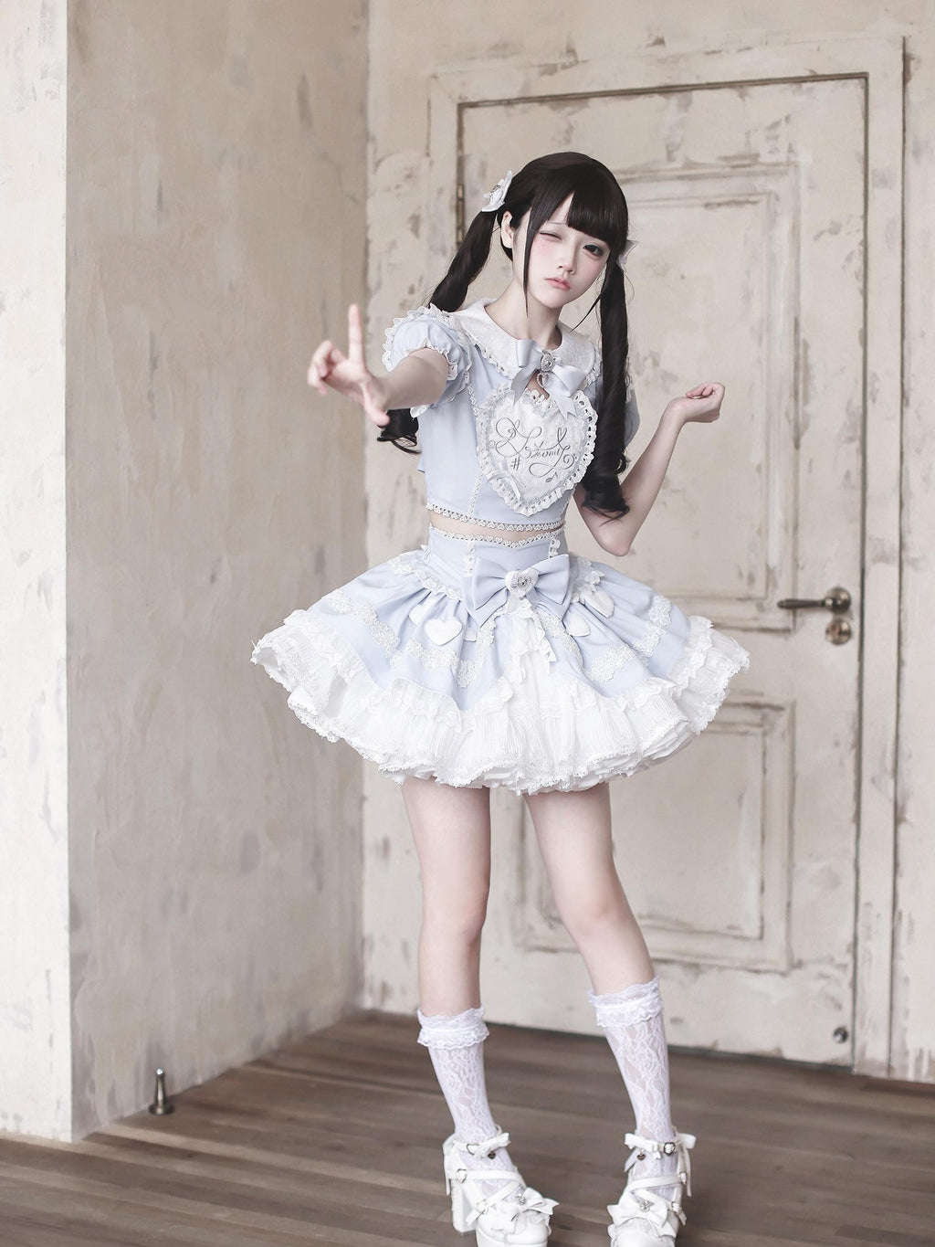 Ekomi Aqua Kawaii Japanese Idol Stage Puff Skirt Crew Neck Women's Skirt Sets