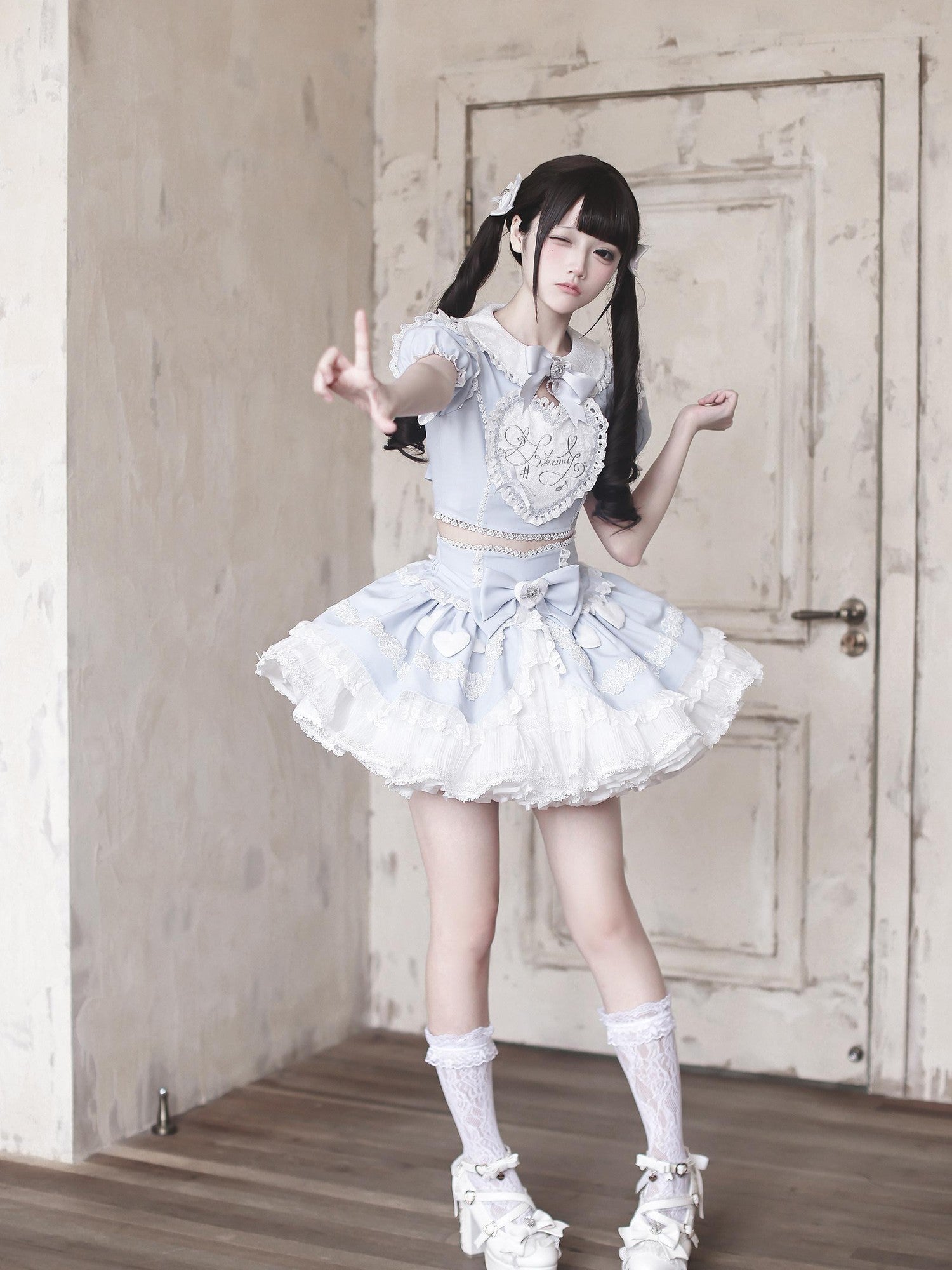Ekomi Aqua Kawaii Japanese Idol Stage Puff Skirt Crew Neck Women's Skirt Sets