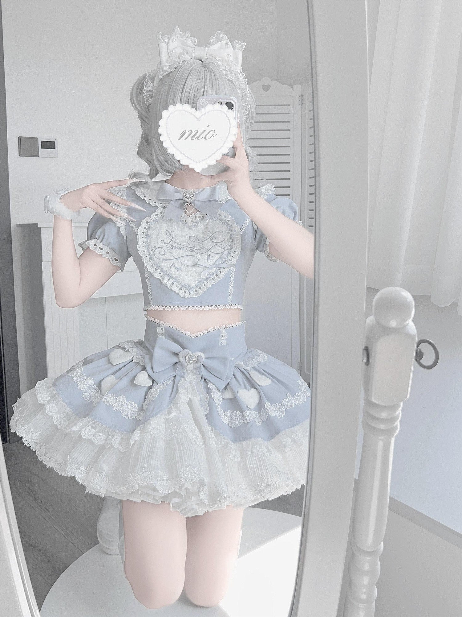 Ekomi Aqua Kawaii Japanese Idol Stage Puff Skirt Crew Neck Women's Skirt Sets