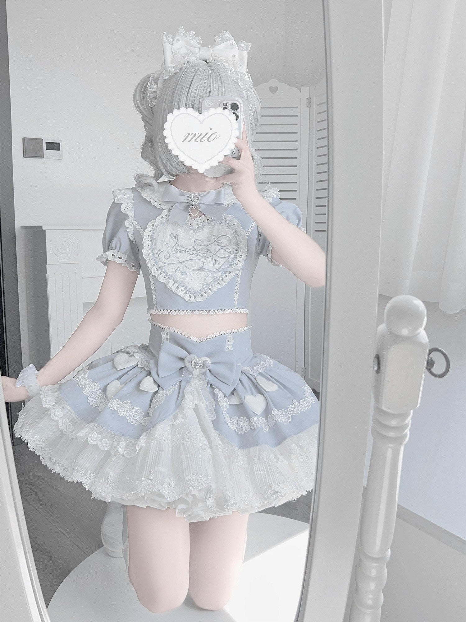 Ekomi Aqua Kawaii Japanese Idol Stage Puff Skirt Crew Neck Women's Skirt Sets