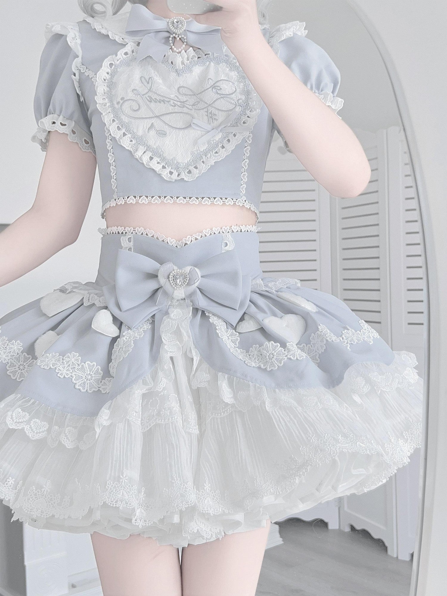 Ekomi Aqua Kawaii Japanese Idol Stage Puff Skirt Crew Neck Women's Skirt Sets