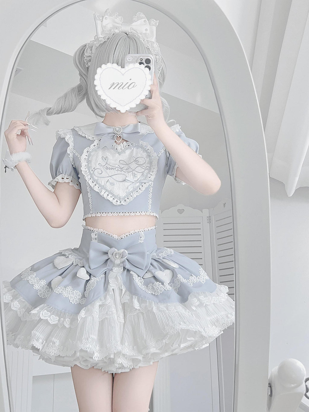 Ekomi Aqua Kawaii Japanese Idol Stage Puff Skirt Crew Neck Women's Skirt Sets