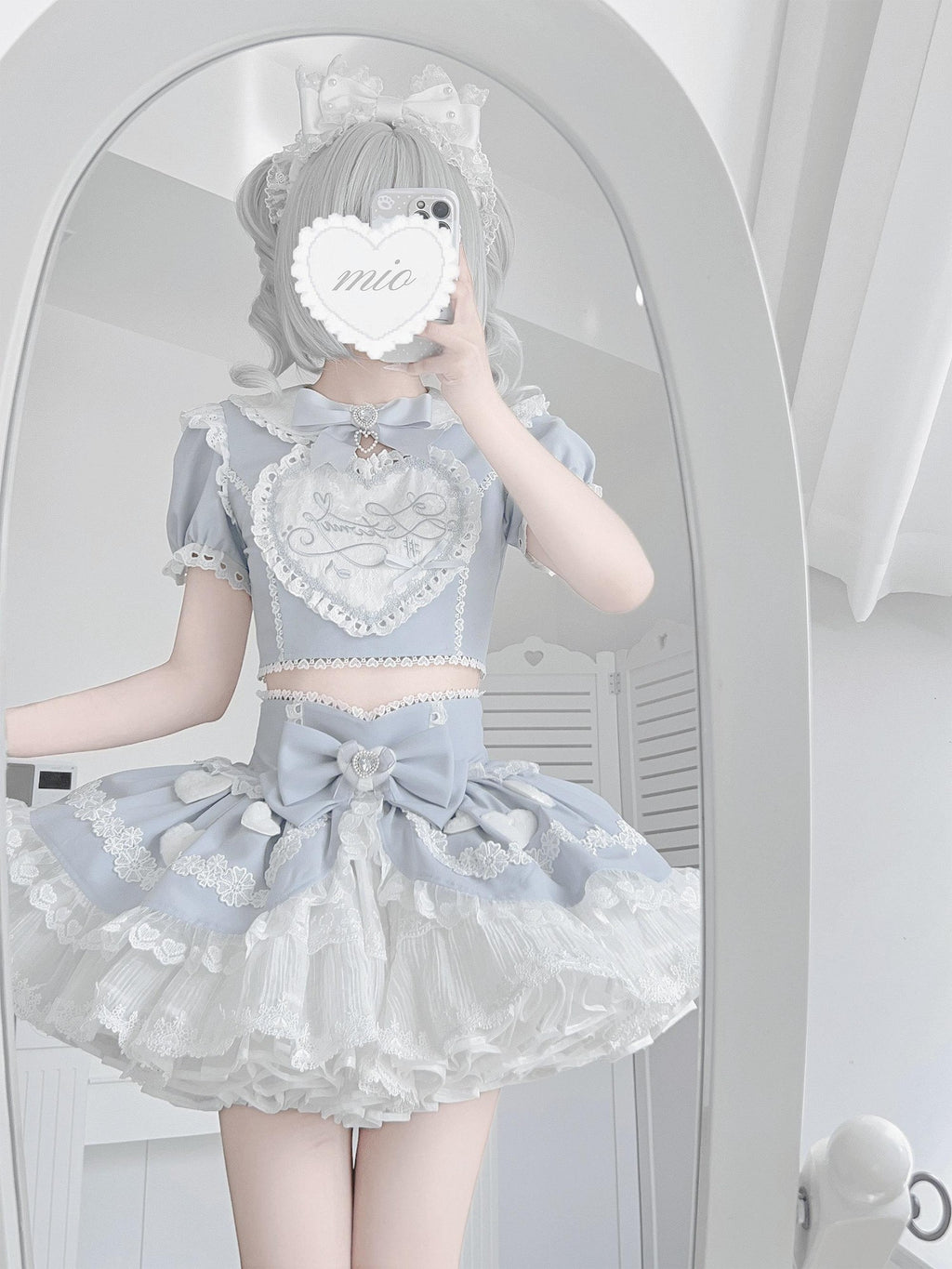 Ekomi Aqua Kawaii Japanese Idol Stage Puff Skirt Crew Neck Women's Skirt Sets