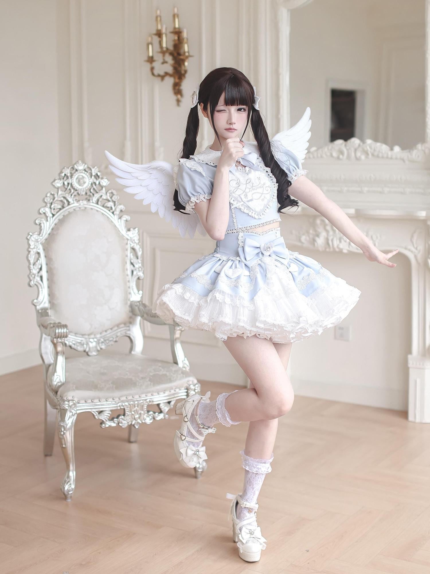 Ekomi Aqua Kawaii Japanese Idol Stage Puff Skirt Crew Neck Women's Skirt Sets