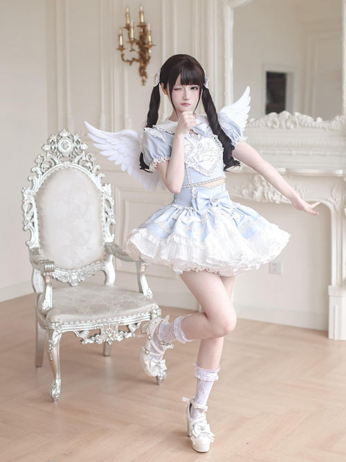 Ekomi Aqua Kawaii Japanese Idol Stage Puff Skirt Crew Neck Women's Skirt Sets