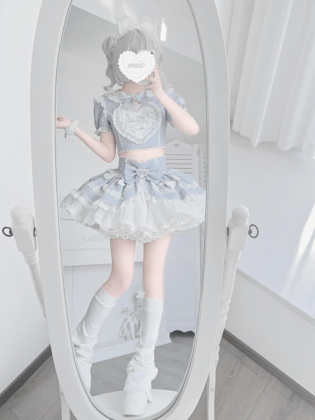 Ekomi Aqua Kawaii Japanese Idol Stage Puff Skirt Crew Neck Women's Skirt Sets