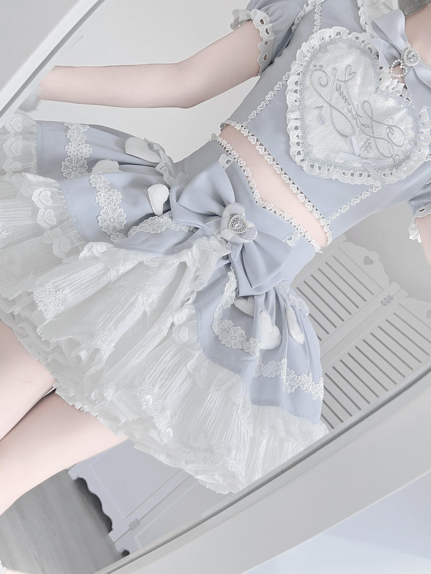 Ekomi Aqua Kawaii Japanese Idol Stage Puff Skirt Crew Neck Women's Skirt Sets