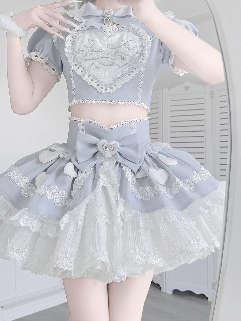 Ekomi Aqua Kawaii Japanese Idol Stage Puff Skirt Crew Neck Women's Skirt Sets