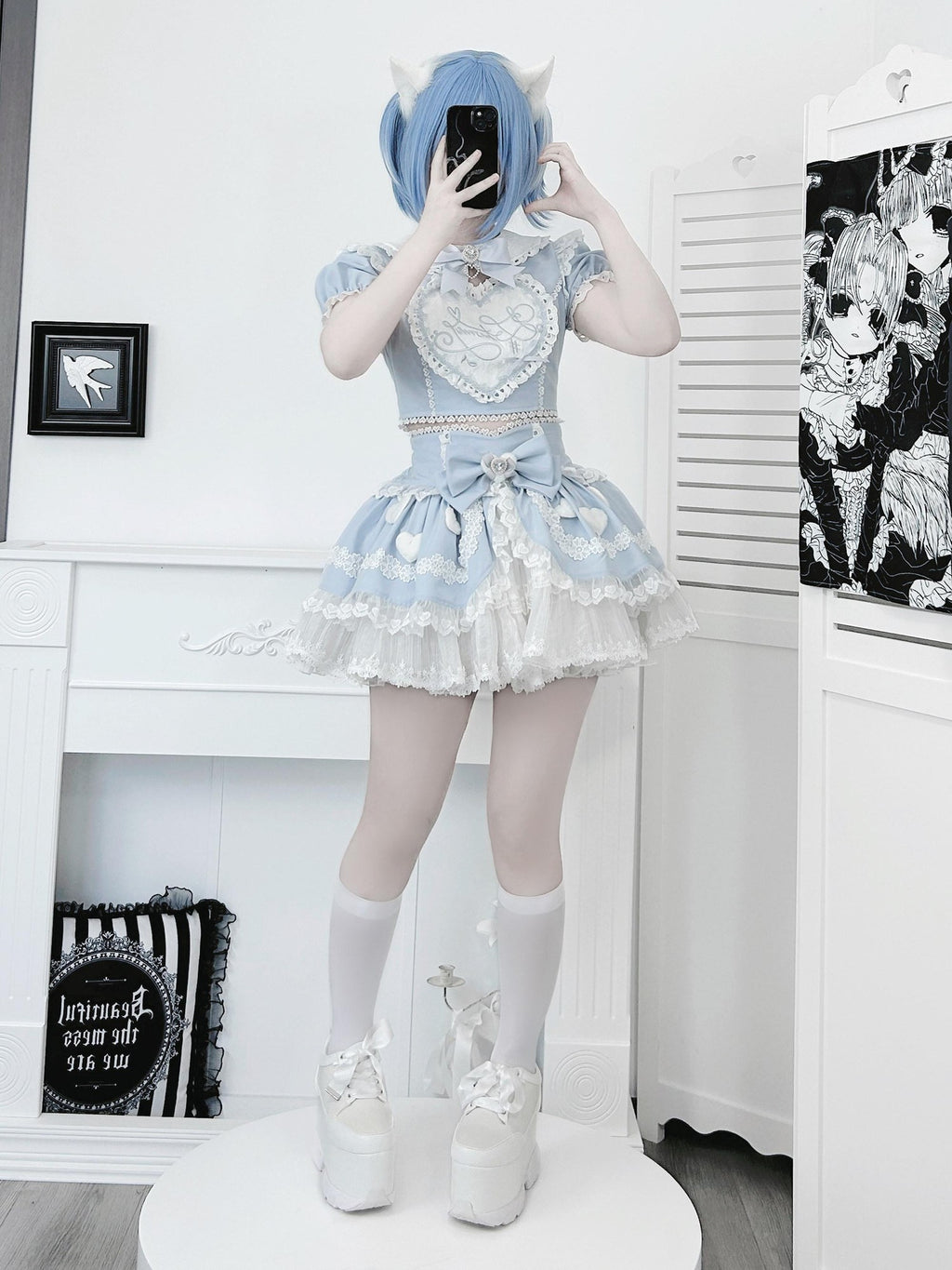 Ekomi Aqua Kawaii Japanese Idol Stage Puff Skirt Crew Neck Women's Skirt Sets