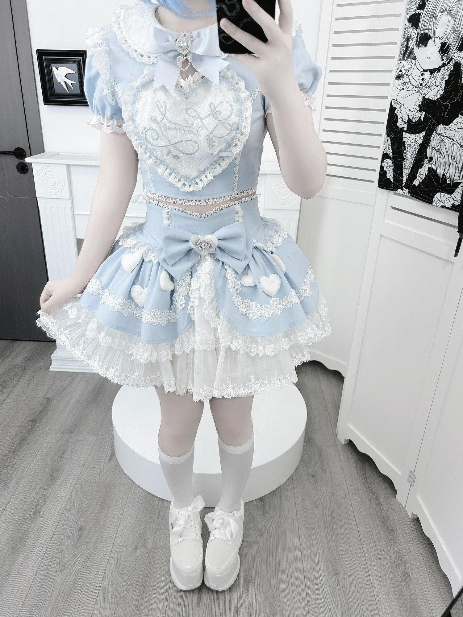 Ekomi Aqua Kawaii Japanese Idol Stage Puff Skirt Crew Neck Women's Skirt Sets
