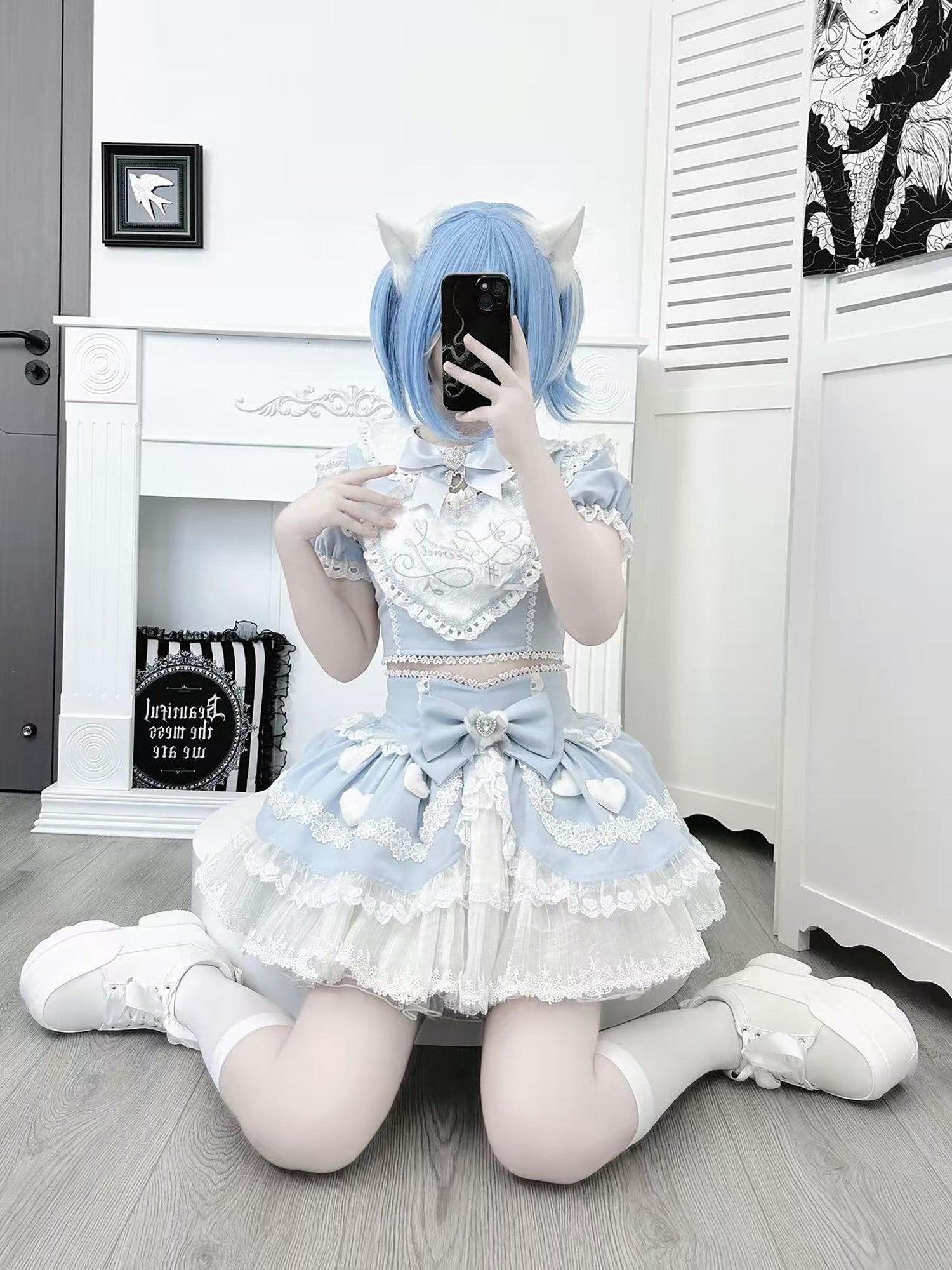 Ekomi Aqua Kawaii Japanese Idol Stage Puff Skirt Crew Neck Women's Skirt Sets