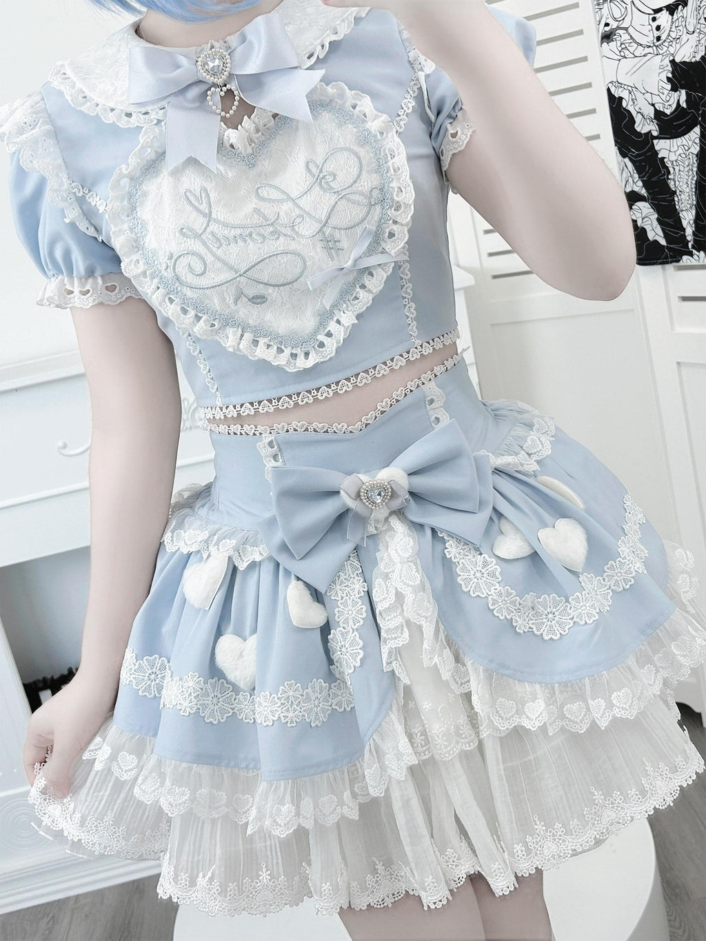 Ekomi Aqua Kawaii Japanese Idol Stage Puff Skirt Crew Neck Women's Skirt Sets