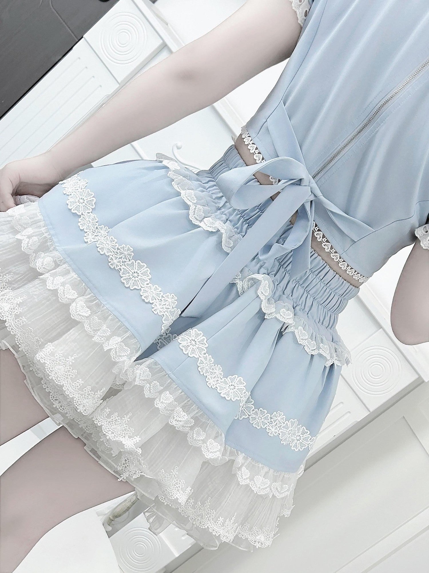 Ekomi Aqua Kawaii Japanese Idol Stage Puff Skirt Crew Neck Women's Skirt Sets