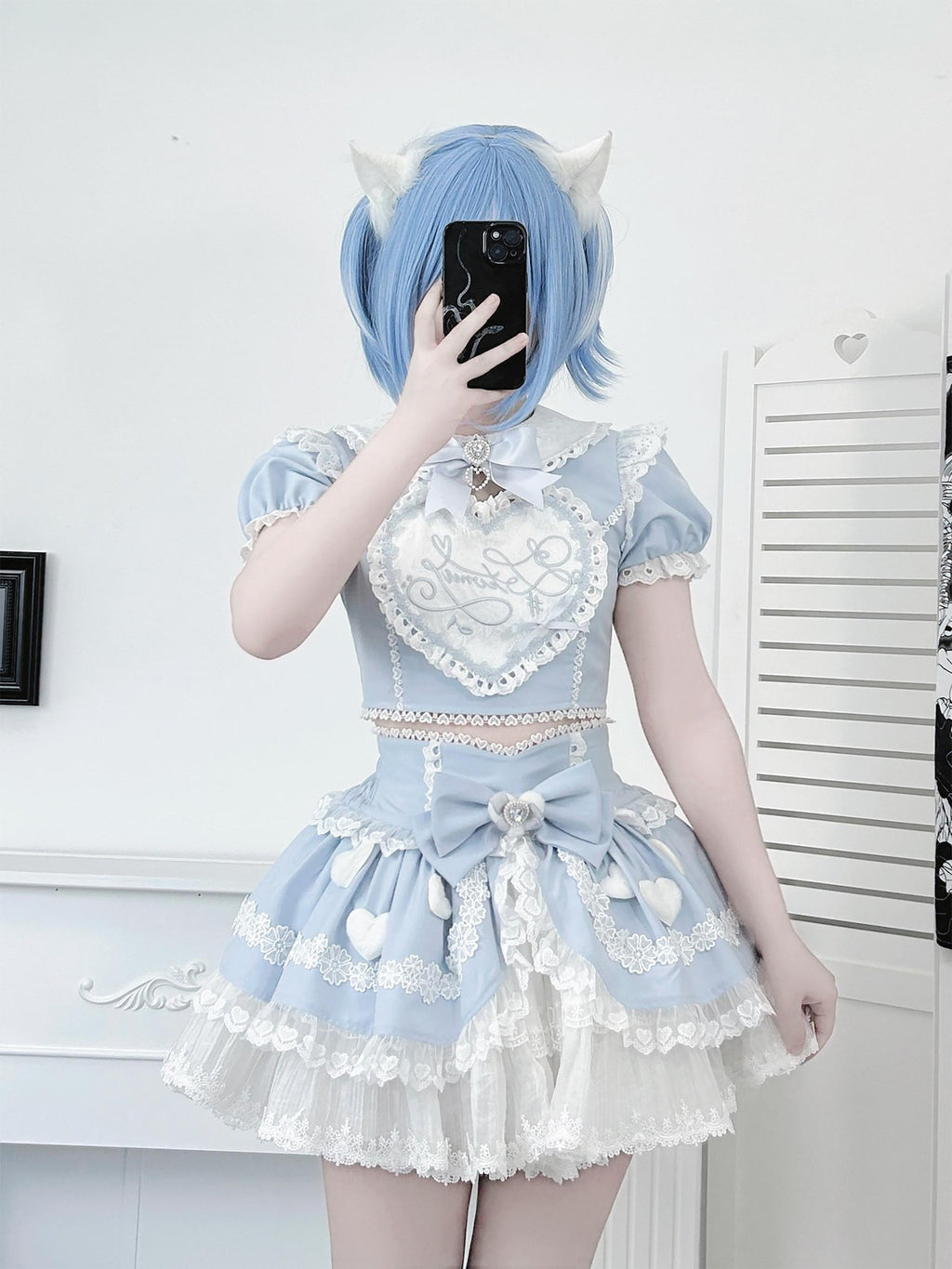 Ekomi Aqua Kawaii Japanese Idol Stage Puff Skirt Crew Neck Women's Skirt Sets