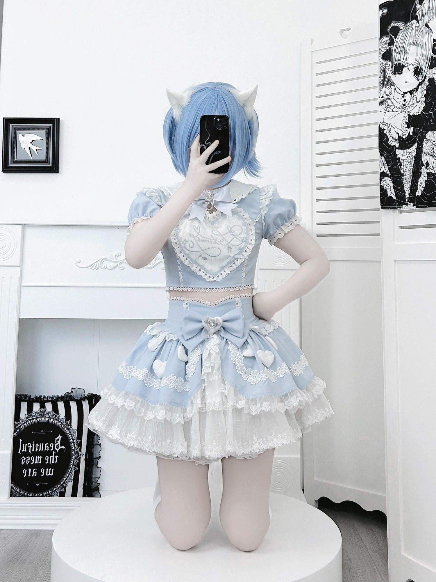 Ekomi Aqua Kawaii Japanese Idol Stage Puff Skirt Crew Neck Women's Skirt Sets