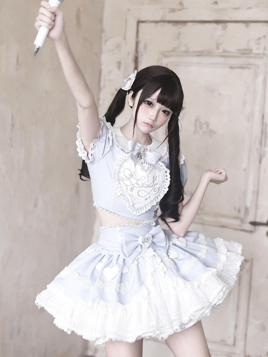 Ekomi Aqua Kawaii Japanese Idol Stage Puff Skirt Crew Neck Women's Skirt Sets