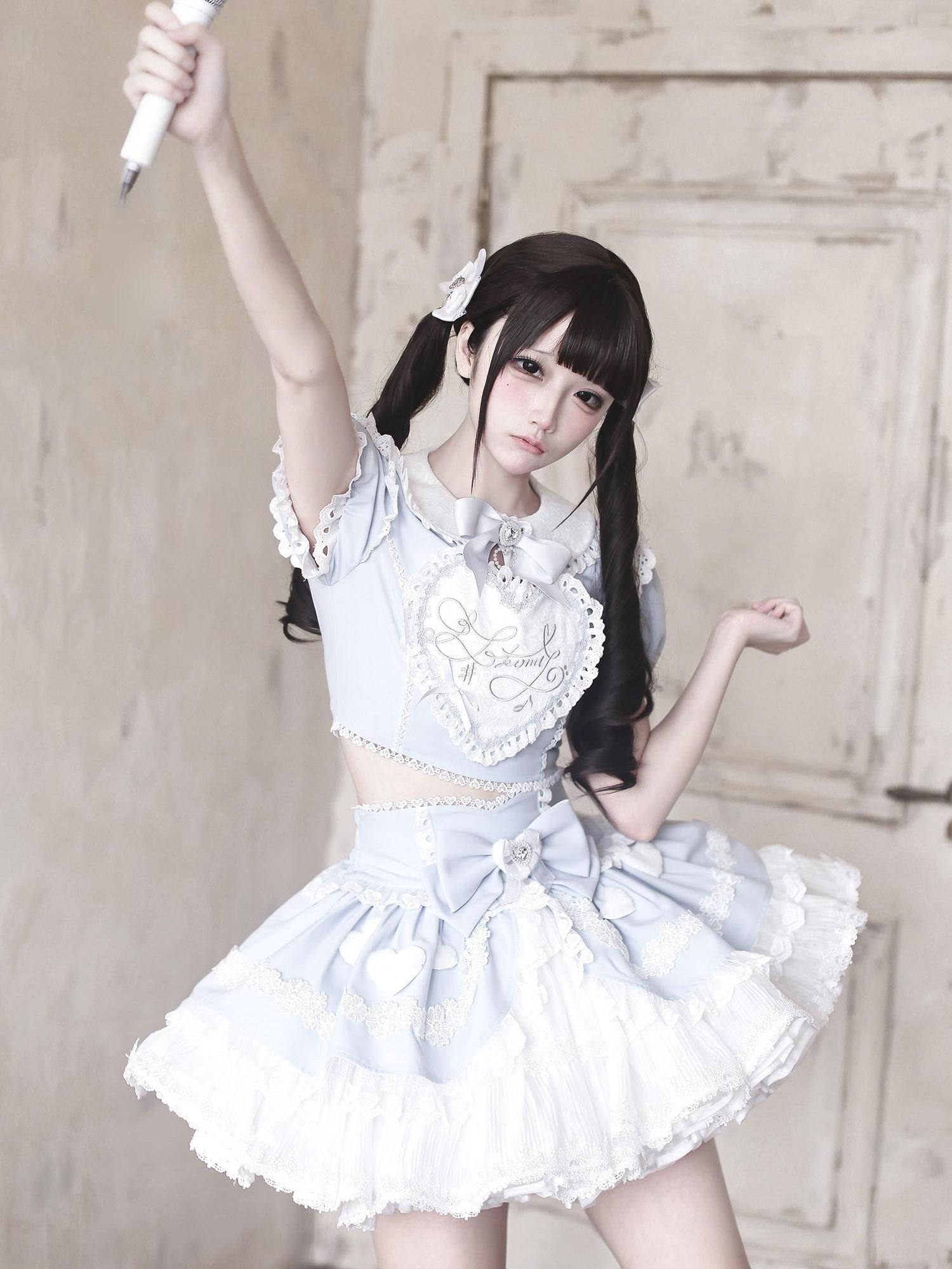 Ekomi Aqua Kawaii Japanese Idol Stage Puff Skirt Crew Neck Women's Skirt Sets