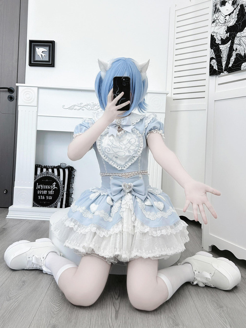 Ekomi Aqua Kawaii Japanese Idol Stage Puff Skirt Crew Neck Women's Skirt Sets