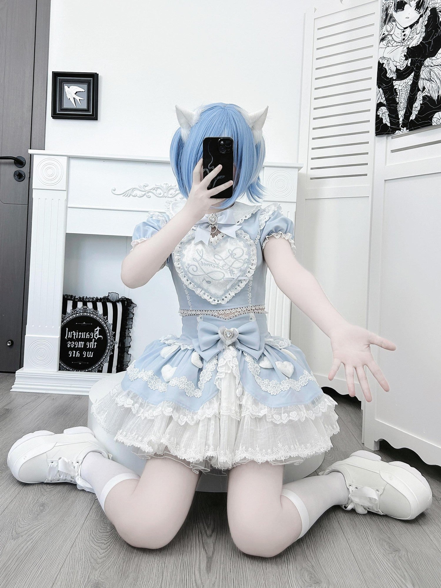 Ekomi Aqua Kawaii Japanese Idol Stage Puff Skirt Crew Neck Women's Skirt Sets