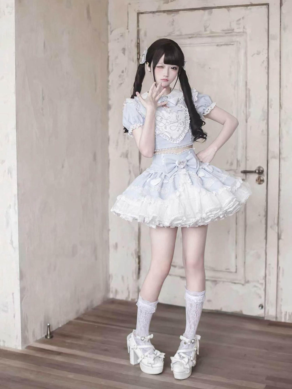 Ekomi Aqua Kawaii Japanese Idol Stage Puff Skirt Crew Neck Women's Skirt Sets