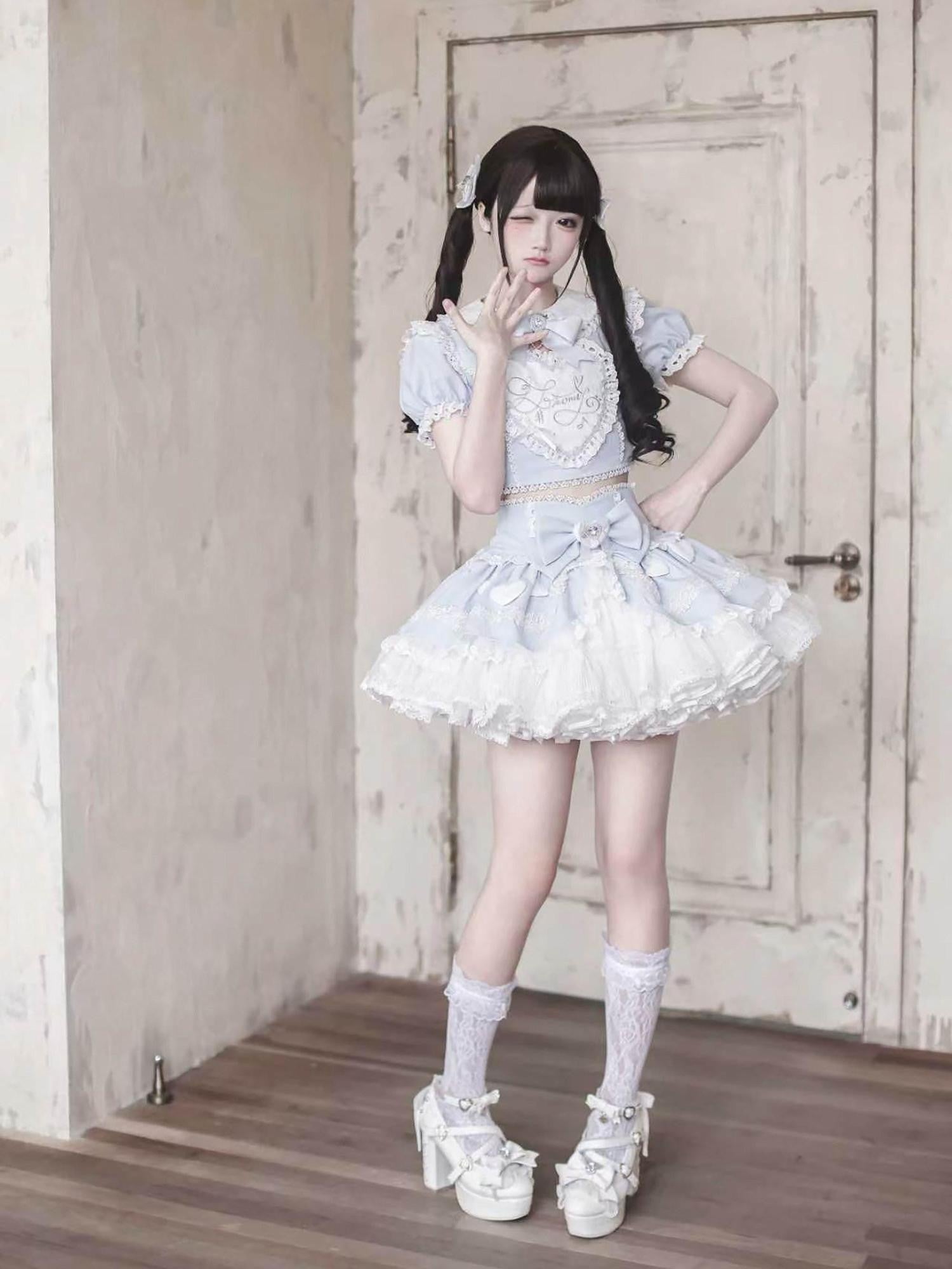 Ekomi Aqua Kawaii Japanese Idol Stage Puff Skirt Crew Neck Women's Skirt Sets
