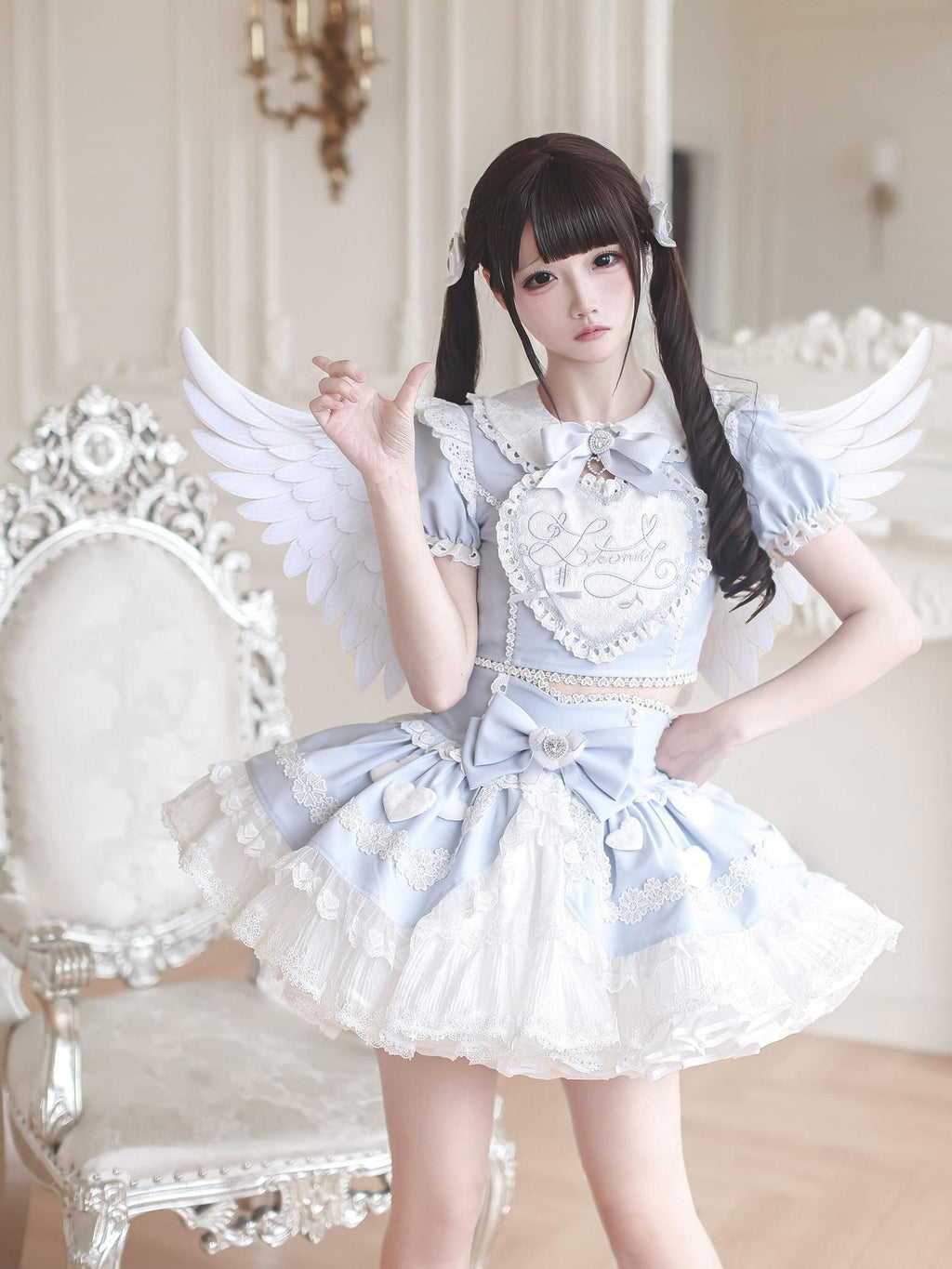 Ekomi Aqua Kawaii Japanese Idol Stage Puff Skirt Crew Neck Women's Skirt Sets