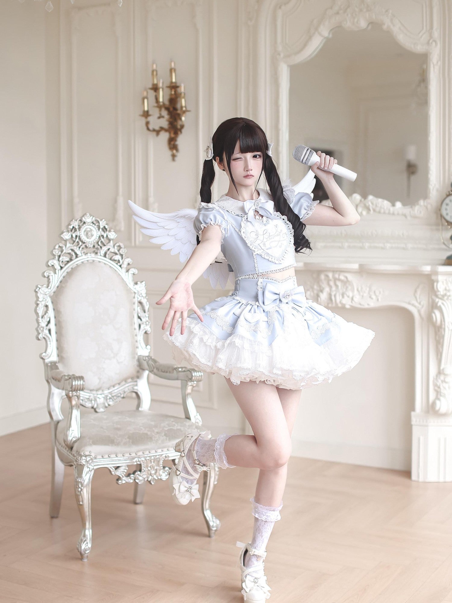 Ekomi Aqua Kawaii Japanese Idol Stage Puff Skirt Crew Neck Women's Skirt Sets