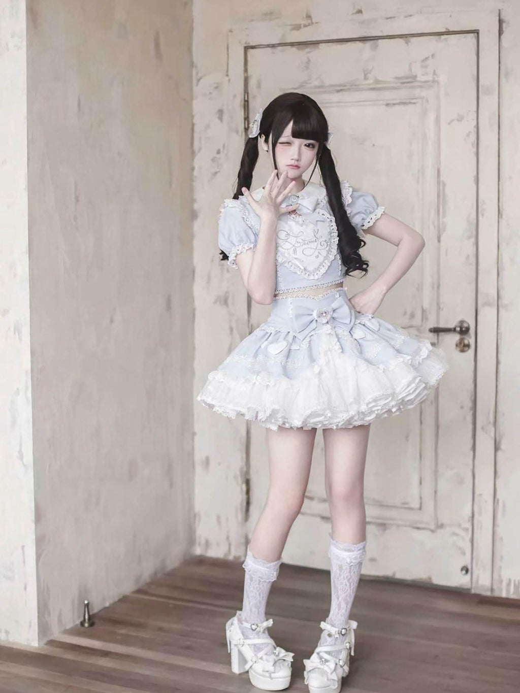 Ekomi Aqua Kawaii Japanese Idol Stage Puff Skirt Crew Neck Women's Skirt Sets
