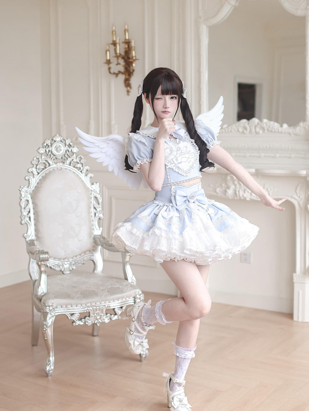 Ekomi Aqua Kawaii Japanese Idol Stage Puff Skirt Crew Neck Women's Skirt Sets