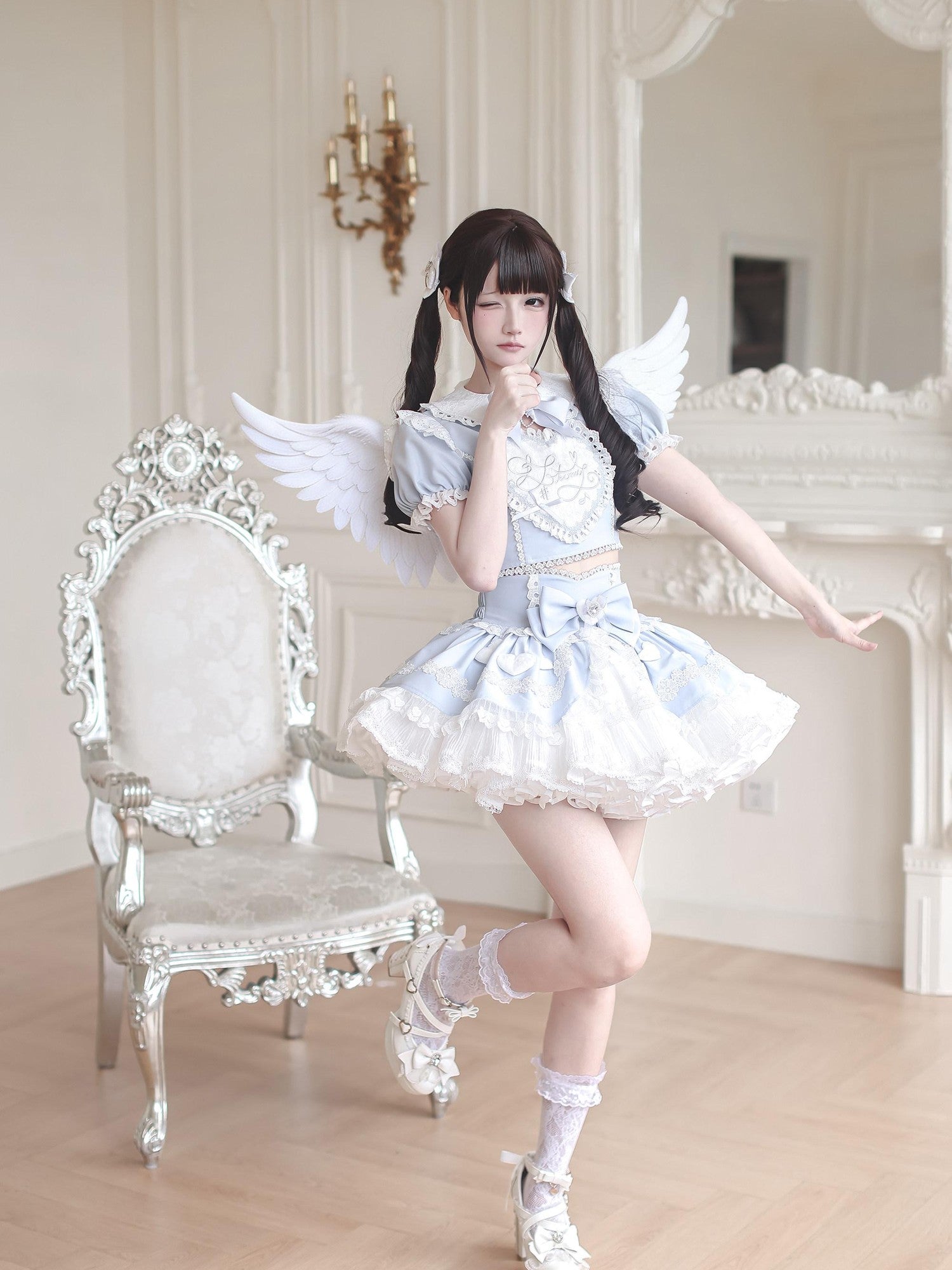 Ekomi Aqua Kawaii Japanese Idol Stage Puff Skirt Crew Neck Women's Skirt Sets