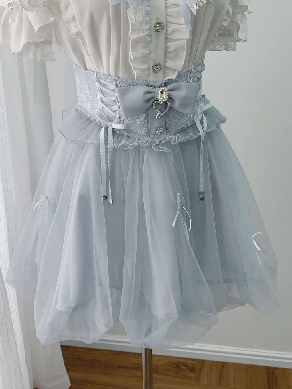Ekomi_Aqua_Satin_Ribbon_Flower_Bud_Bubble_Hem_Women's_Short_Sleeve_Op_1041073561919_MISSTT