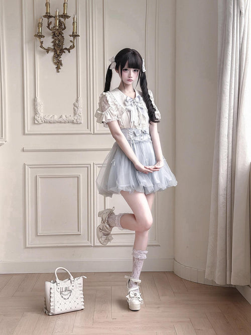 Ekomi Aqua Satin Ribbon Flower Bud Bubble Hem Women's Short Sleeve Op