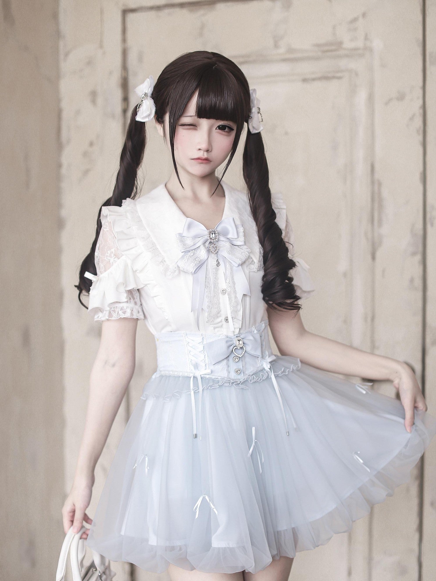 Ekomi Aqua Satin Ribbon Flower Bud Bubble Hem Women's Short Sleeve Op