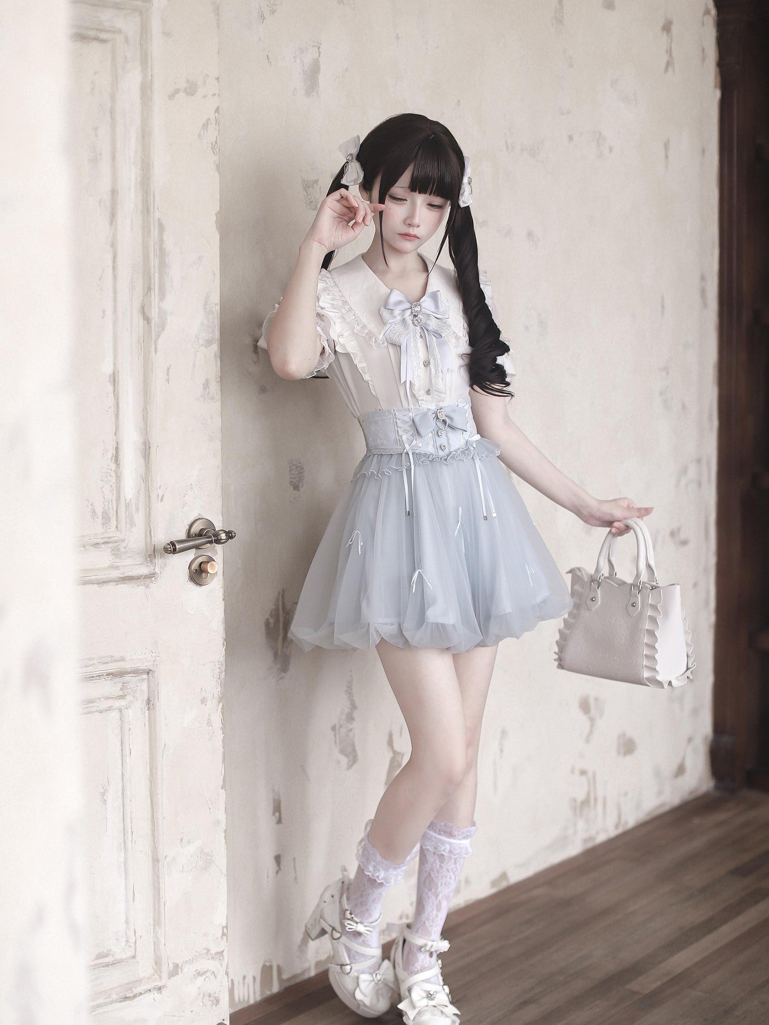 Ekomi Aqua Satin Ribbon Flower Bud Bubble Hem Women's Short Sleeve Op