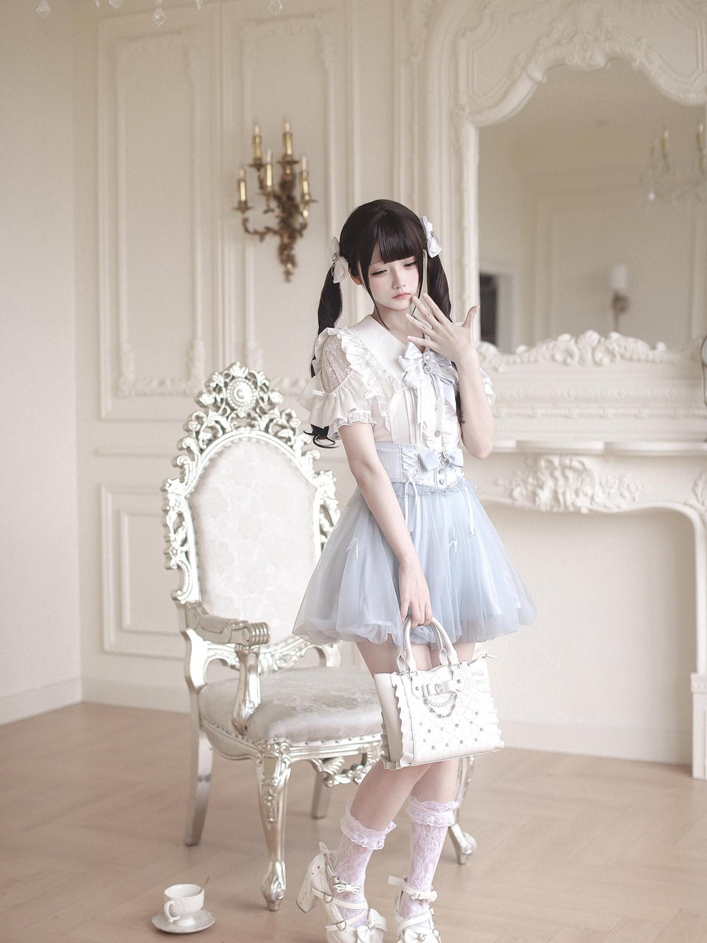 Ekomi Aqua Satin Ribbon Flower Bud Bubble Hem Women's Short Sleeve Op